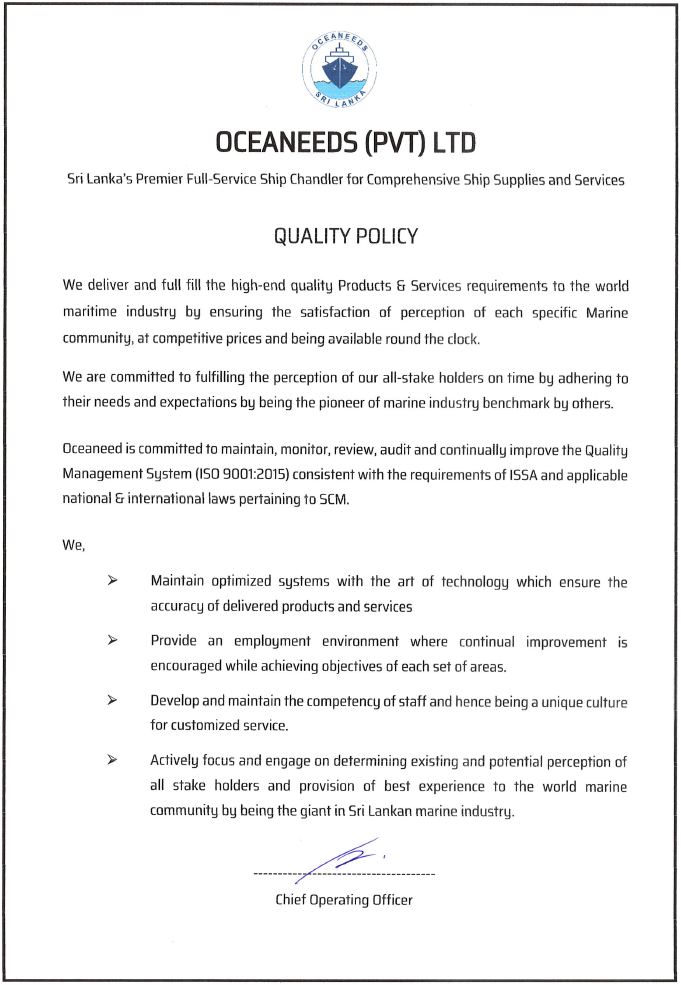 Oceaneeds Quality Standards